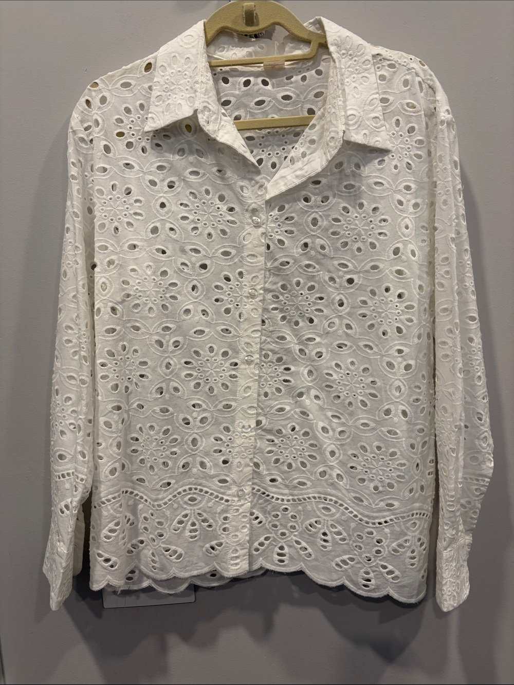 Women's White Eyelet Button-Down Shirt — Classic Collared Top